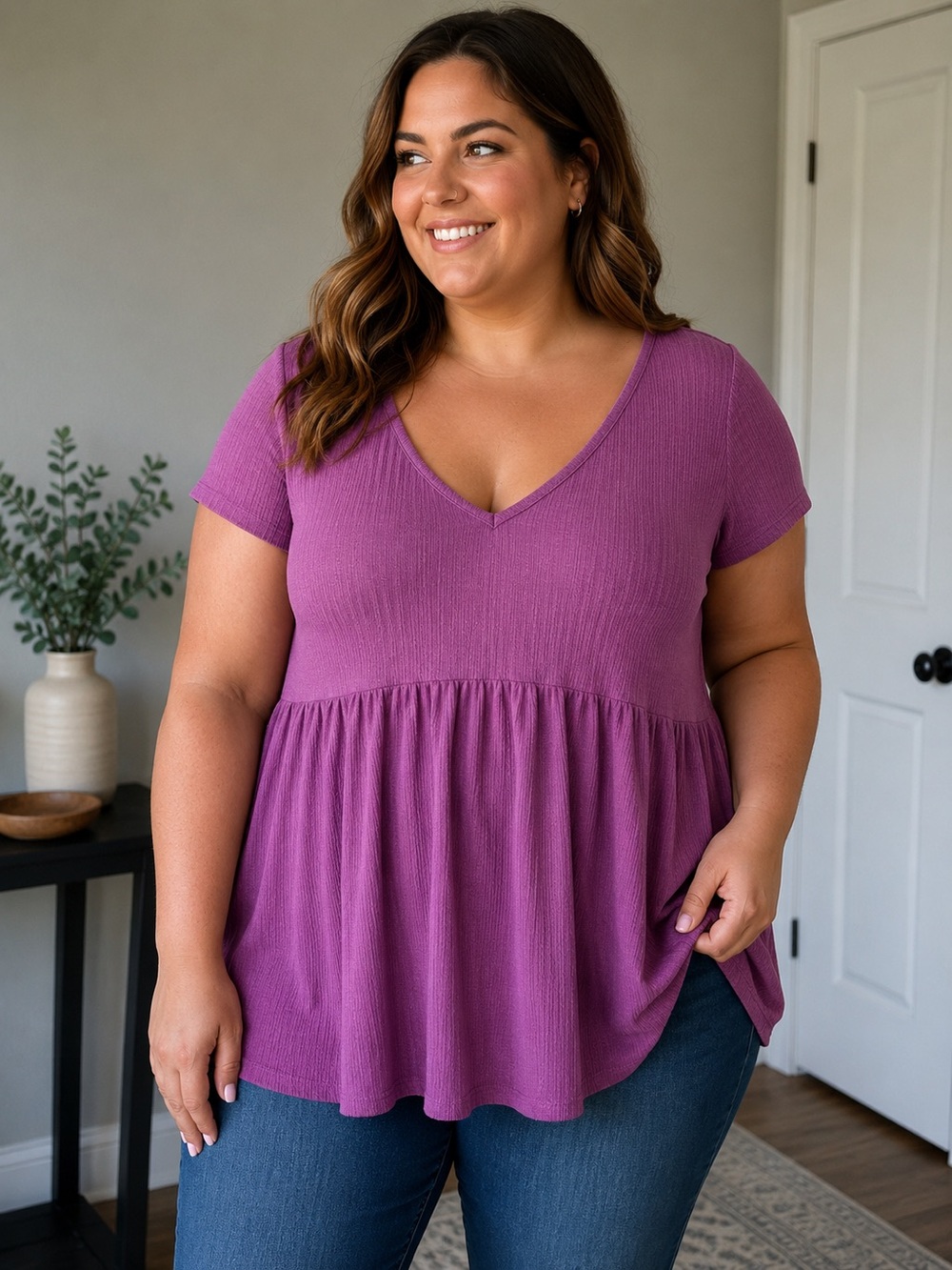 Torrid Size 1 Purple Ribbed V‎ Neck Peplum Top